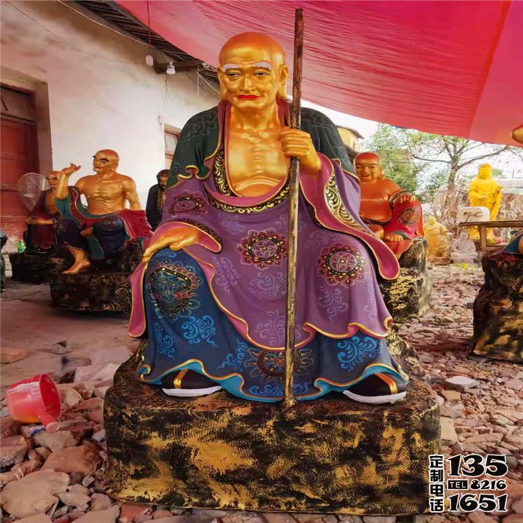 玻璃鋼彩繪拿著棍子的十八羅漢雕塑 玻璃鋼彩繪拿著棍子的十八羅漢雕塑
