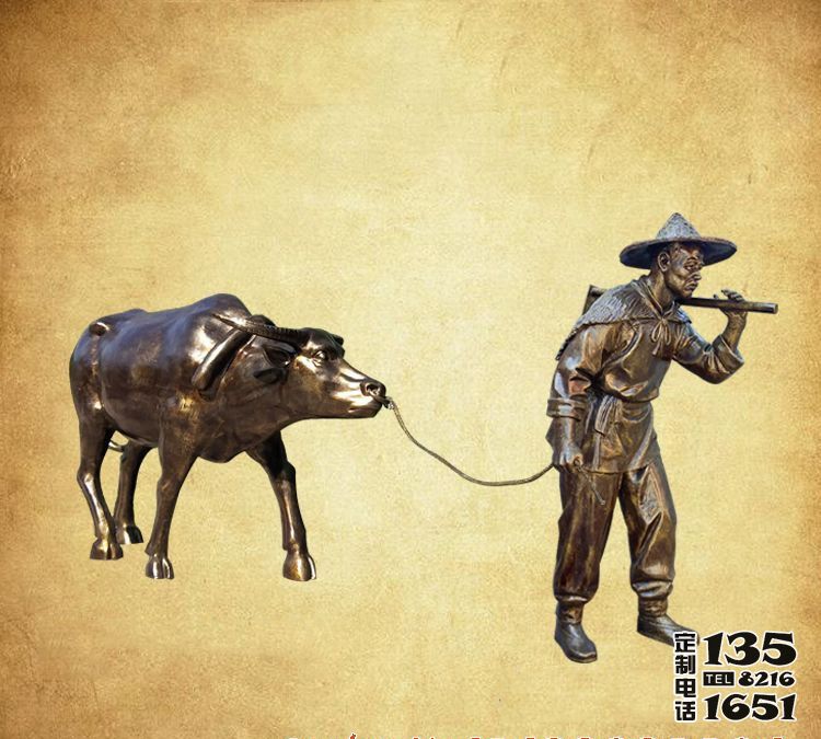 景區創意玻璃鋼仿銅牽著牛的農耕人物雕塑 景區創意玻璃鋼仿銅牽著牛的農耕人物雕塑