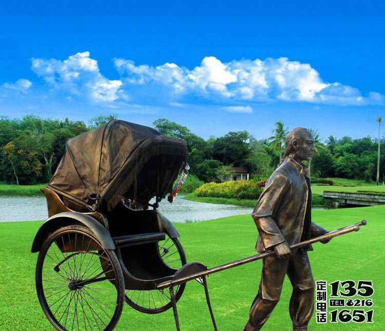 城市花園擺放晚清朝黃包車夫玻璃鋼仿銅雕塑 城市花園擺放晚清朝黃包車夫玻璃鋼仿銅雕塑